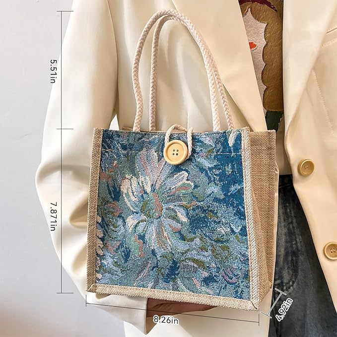 Women Tote Bag,2Pcs Jute Casual Tote's Handbag Embroidered Personalized Bento Bag,Reusable Grocery Bags Shopping Bags