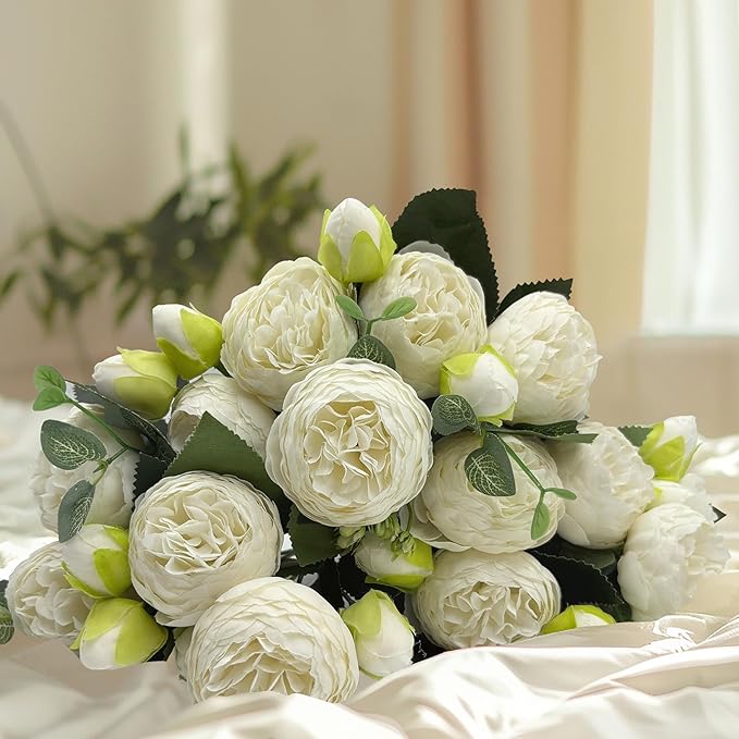 Artificial Peony Flowers, 4Pcs Silk Peonies Fake Peony Bouquets for Home Wedding Office Party Decor (White)