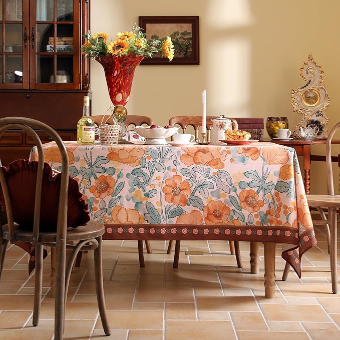 Vintage Linen Small Rectangle Tablecloth,Italian Orange Floral Soft and Wrinkle Resistan Table Cloth,Decor Table Cover for Kitchen,Dining,Thanksgiving,Christmas,55"*71"-Positano