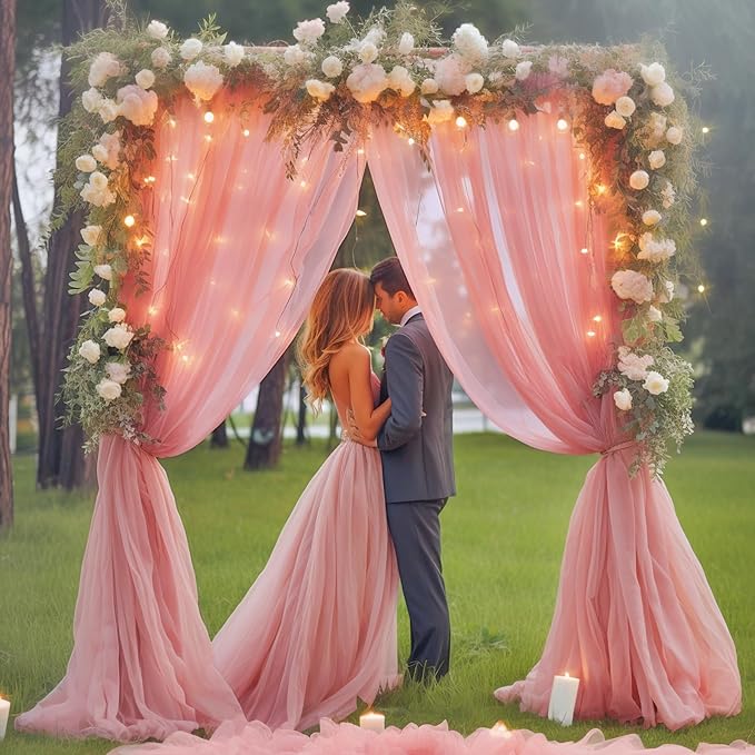 20x10ft Dusty Rose Tulle Backdrop Curtain with Lights String for Parites, Sheer Backdrop Curtains for Wedding Baby Shower Birthday Party Photo Shoot Decorations