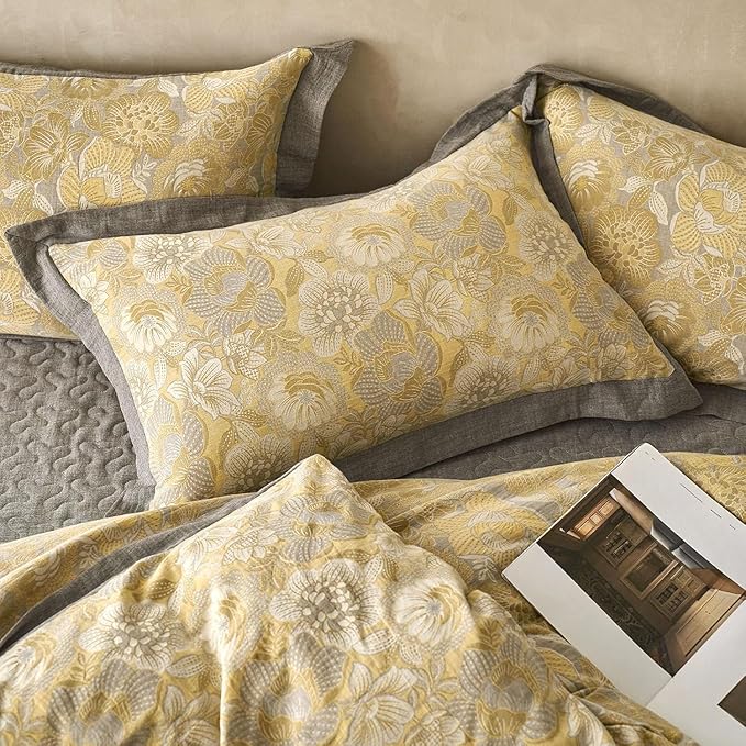 LifeTB Vintage Flower Duvet Cover King Yarn-Dyed Cotton Linen Textured Duvet Cover Jacquard Golden Floral Duvet Cover Bordered Garden Style Botanical Comforter Cover Chic Farmhouse Bedding Set King
