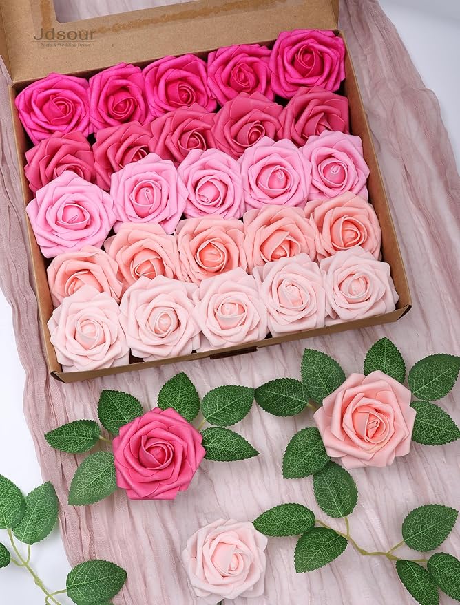 25pcs Artificial Flower,Real Looking Foam Roses w/Stem for DIY Wedding Bouquets Centerpieces Bridal Shower Party Decor-Shades of Hot Pink