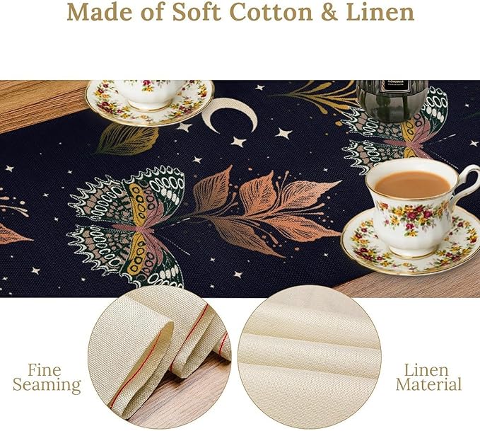 Gothic Moth Table Runner, Boho Gothic Floral Butterfly Sun Moon Mystical Witchy Starlight Coffee Table Center Decor for Home Kitchen Dining Patio Holiday Party Table Decorations 13x36 inches