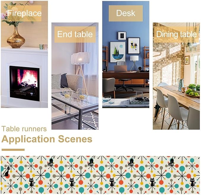 Mid Century Modern Black Cat Table Runner,Table Runners for Kitchen Dining Modern Tables Decor Decoration for Kitchen Family Dinner Table Holiday Party Farmhouse 13 x 108 Inch