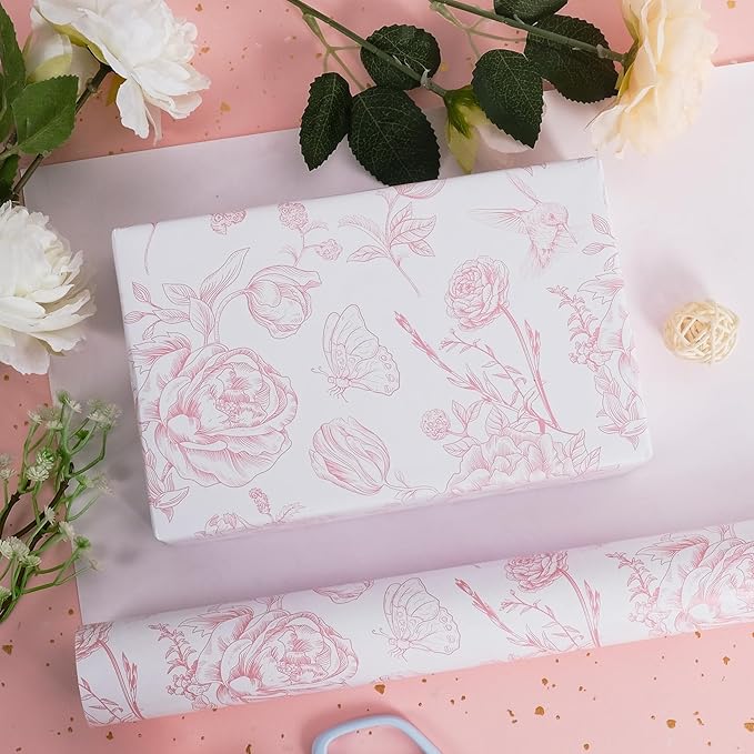 RayofSun Pink Floral Wrapping Paper Roll 17 in x 32ft Mini Roll Vintage Toile Flower Gift Wrap Paper for All Occasion Wedding Birthday Bridal Shower Party Baby Shower Christmas
