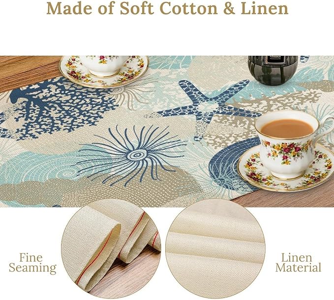 Nautical Coastal Table Runner,Ocean Themed Starfish Coral Conch Beach Kitchen Dinning Table Decoration for Indoor Outdoor Home Party Decor 13x70 Inch