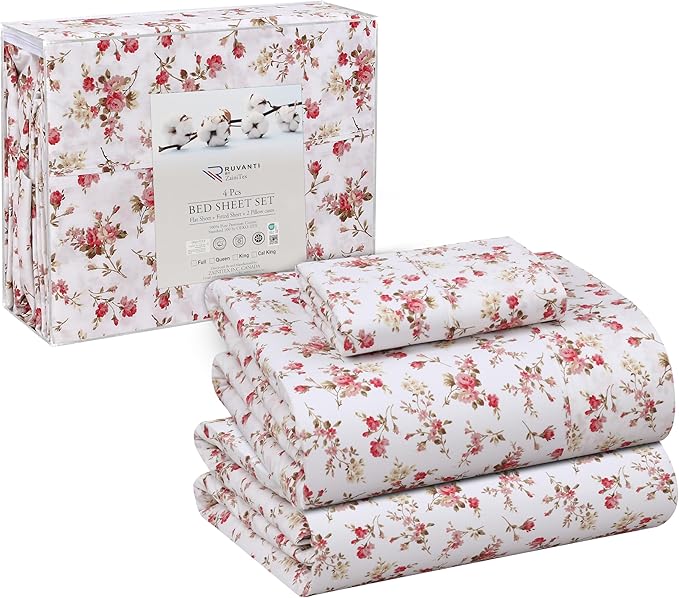 RUVANTI 100% Cotton Twin Sheets Set, 3 Pieces, Soft & Breathable Percale Weave Bedding, Deep Pocket 16", Hotel Standard, Crisp Cool Feel, Durable, Perfect Floral Bed Sheet, Bouquet
