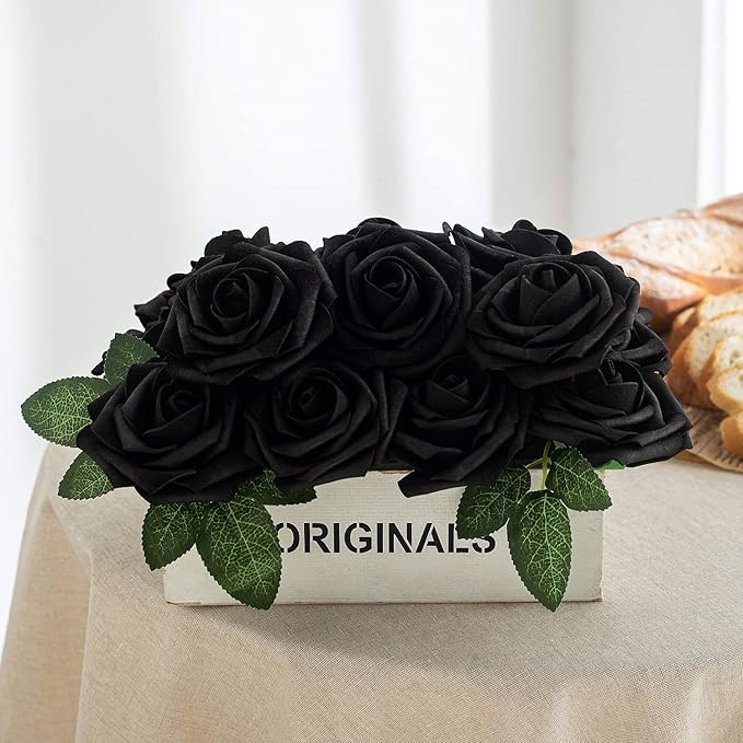 25pcs Artificial Flower Foam Rose Real Touch Roses Flower Heads with Stem for DIY Wedding Bouquets Centerpieces Arrangements Party Baby Shower Home Decor (Black)