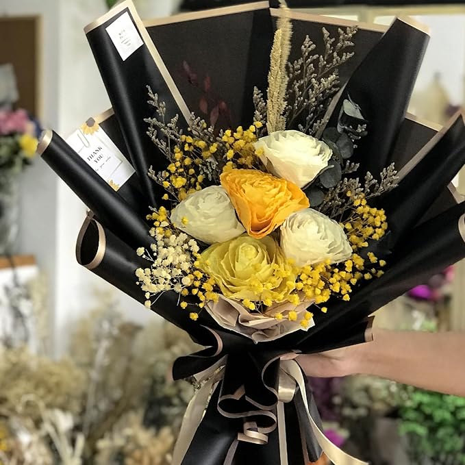 WRAPAHOLIC 20 Sheets Flower Wrapping Paper - 22.4 x 22.4 inch Gold Trim Black Water-Resistant Floral Bouquet Wrapping Paper, Florist Supplies Packaging Paper for Wedding Birthday Gift DIY