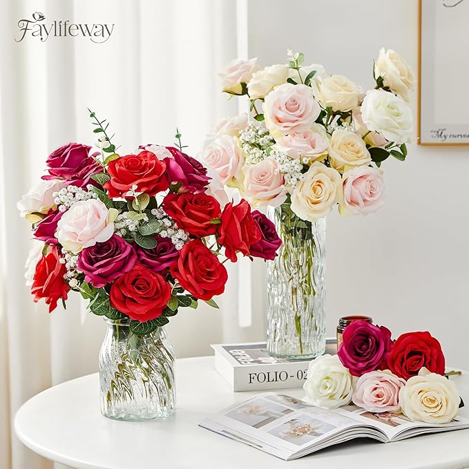 20PCS Artificial Roses Flowers, 3.9'' Silk Flower Head Fake Fuchsia Rose with Long Stems, Realistic Faux Roses Bouquet for DIY Wedding Home Party Office Decoration