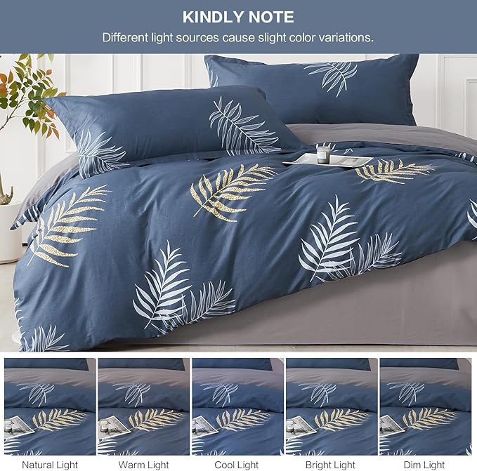 SAPHREAS Tropical Navy Duvet Cover Set 3pcs Queen Size Light Blue White Botanical Palm Leaves Bedding Comforter 100% Cotton Cover Set 1 Duvet Cover 2 Pillow Shams, Comforter Not Included