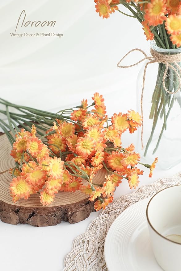 Floroom 24pcs Burnt Orange Small Artificial Flowers Faux Silk Daisies Fake Wildflowers for DIY Terracotta Wedding Bouquets Floral Arrangements Party Decor Centerpieces Decorations (Vase Not Included)