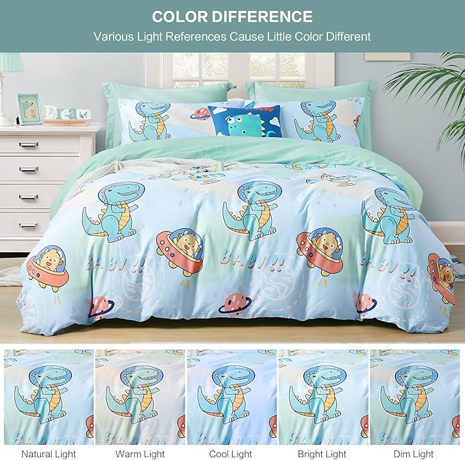 SAPHREAS Cartoon Dinosaur Kids Duvet Cover Set Queen Size 4pcs with Fitted Sheet 100% Cotton Children Bedding Comforter Cover Set, Comforter Not Included