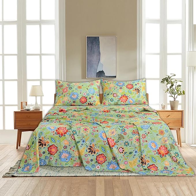 Bedlifes Twin Sheet Set Ultra Soft, Breathable, Silky Flower Deep Pocket 100% Microfiber Bedding, 3 Piece Twin Size with Floral Sage Green