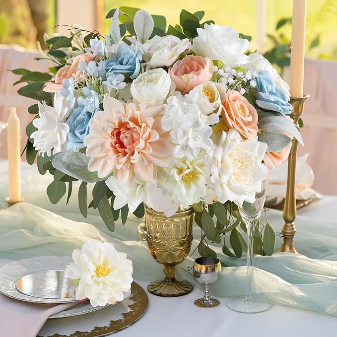 AGIRL Artificial Flowers Combo Silk Mix Blue Fake Flower with Stems for DIY Wedding Bouquets Centerpieces Arrangements Table Chair Decor Baby Shower Home Decor (Champagne Blue)