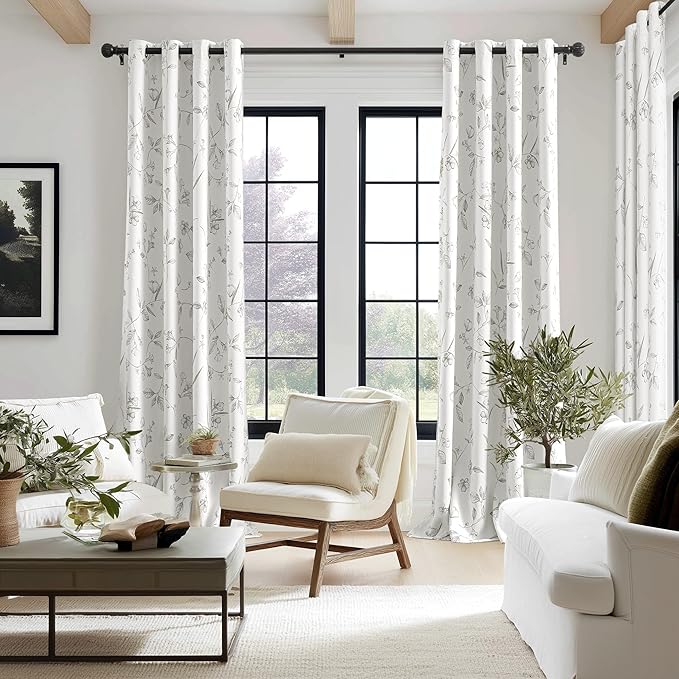 ChrisDowa 100% Blackout Floral Curtains 84 Inches Long 2 Panels for Bedroom Living Room Grey Flower Patterned Room Darkening Thermal Insulated Soundproof Grommet Window Treatments Drapes,52X84