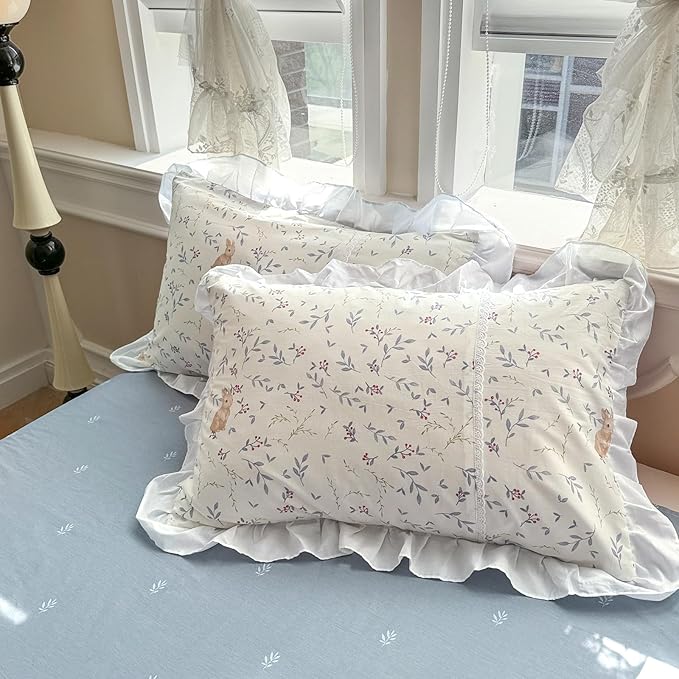 VM VOUGEMARKET Girl's Romantic Ruffle Comforter Set Twin Cute Rabbit Comforter with 2 Pillow Shams Toddler Girls White Lace Bedding Set(3pcs,Twin XL)