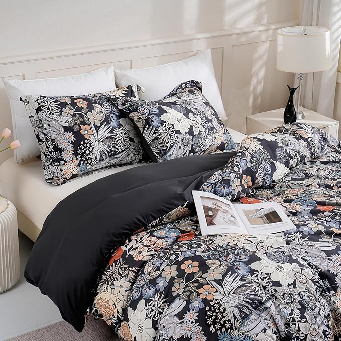 LONAVA King Flower 3 Pcs Duvet Cover Set, Breathable Soft Microfiber Black Lining Comforter Cover with Zipper Closure, and 2 Anti-Pilling, Fade Resistant Pillowcases, Midnight Blossoms