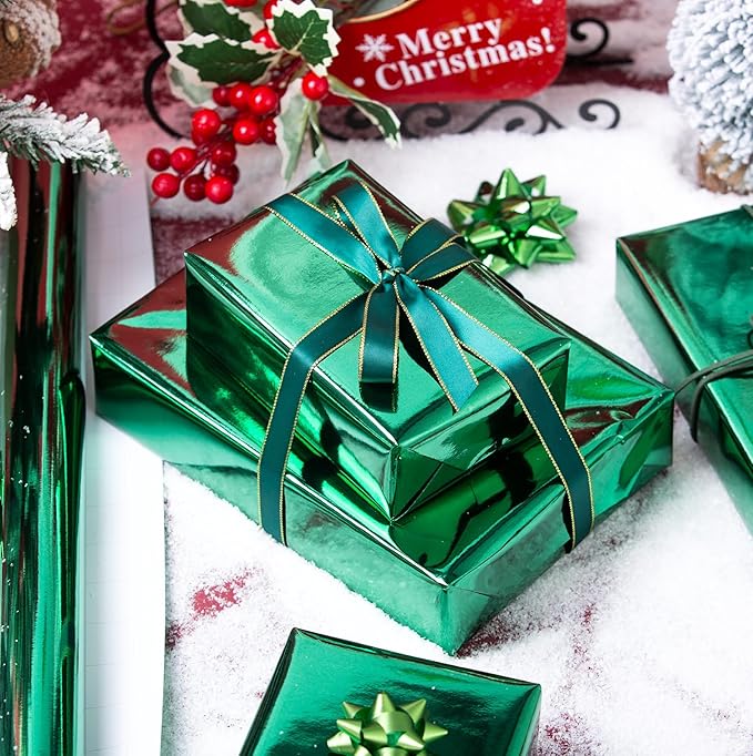 Merture Metallic Dark Green Wrapping Paper Roll - 17 In X 32.8 Ft(46.5 sq.ft.) with Grid Cutting Lines