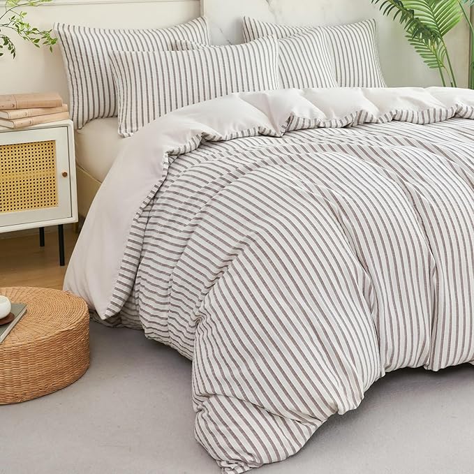 King Grey Duvet Cover Striped Washed Microfiber Jacquard 3 Pieces Bedding Set, Grey White Vertical Ticking Stripes Pattern Comforter Cover with Zipper Closure Breathable Durable Soft Comfy