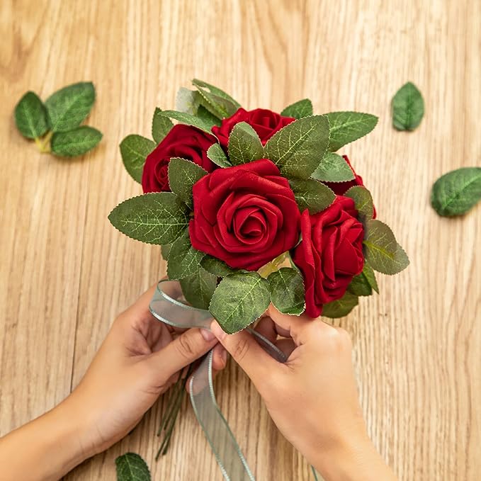 Red Artificial Flower Silk Rose 50pcs Fake Rose with Stems Leaves for Home Decoration Party Garden Centerpieces DIY Wedding Bouquets(Dark Red)