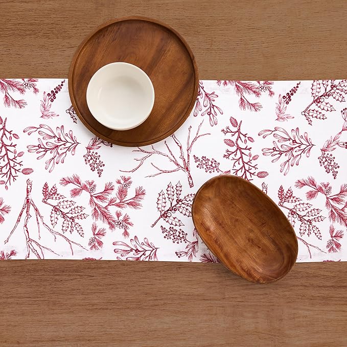 Solino Home 100% Pure Linen Christmas Table Runner 72 Inches Long - Red/White Table Runner 14 x 72 Inch - Handcrafted and Machine Washable - Winter Forest Print