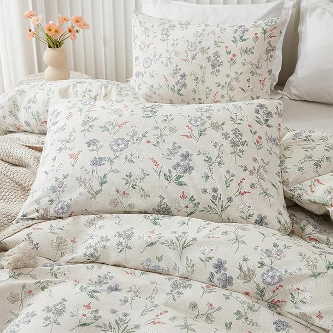 EAVD Vintage Garden Floral Duvet Cover King Soft 100% Cotton Chic Spring Leaves Floral Bedding Set with 2 Pillowcases Fresh Reversible Botanical Comforter Cover with Zipper Closure