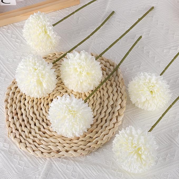 12 Pcs Artificial Chrysanthemums Flowers Silk Ball White Flowers Fake Mums Spring Flowers for Valentine‘s Day Wedding Home Decor (12, White)