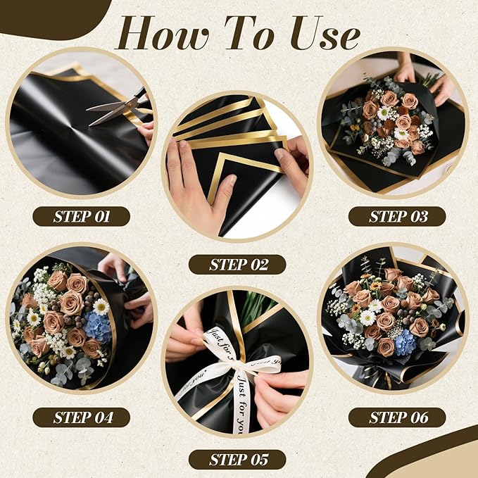 Tuojecuk Flower Bouquet Wrapping Paper, 20 Sheet Waterproof Floral Bouquet Wrapping Paper, Florist Supplies Packaging Paper for Wedding Birthday Gift (Black)