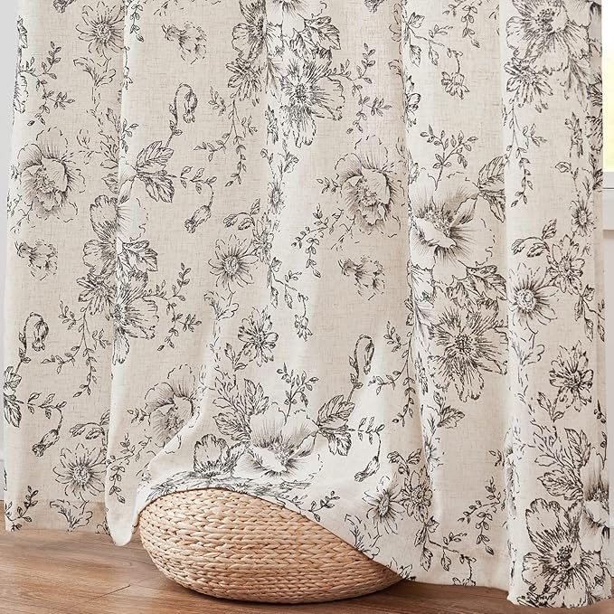 jinchan Linen Floral Curtains Extra Wide for Patio Sliding Glass Door Room Divider Curtain for Living Room 108 Inch Length Farmhouse Peony Black Printed Curtain Set 1 Panel