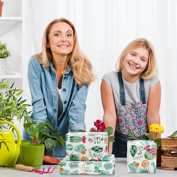 JarThenaAMCS Cactus Wrapping Paper -Mini Roll- 17 Inch x 32.8Ft Watercolor Succulent Plant Gift Wrap Paper Decorative Art Paper for Birthday Wedding DIY Crafts