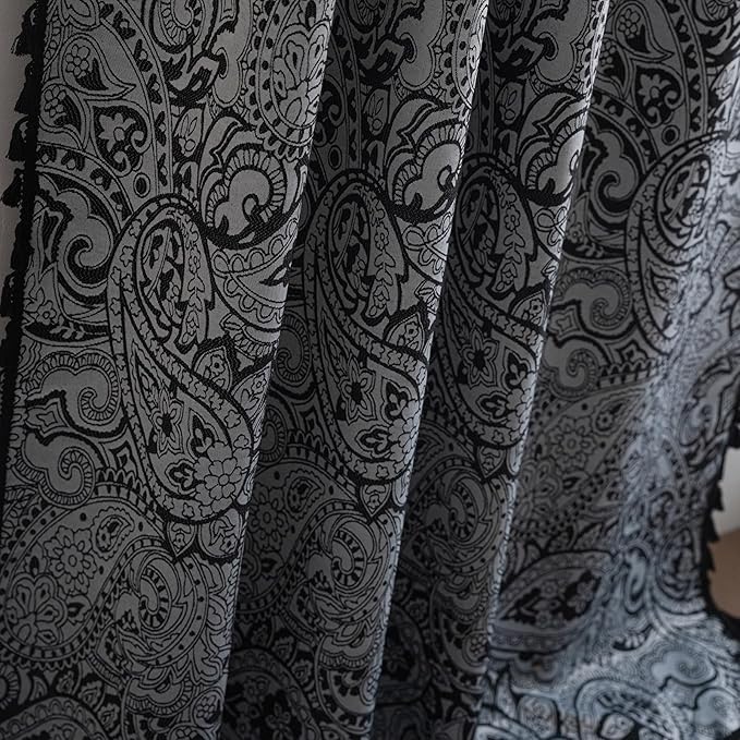 ENJOYBRIDAL Black Paisley 96 Inch Curtains for Bedroom Semi Sheer Drapes Light Filtering Boho Rod Pocket Long Window Curtains 2 Panel Sets Living Room Farmhouse Printed Jacquard Window Treatments