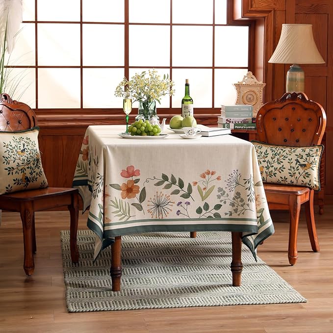 Beige Linen Rectangle Tablecloth,Vintage French Shabby Chic Floral Wrinkle Free Table Cloth,Decor Table Cover for Kitchen,Dining,Party,Home,Christmas,Thanksgiving,55"*87"-Manolya