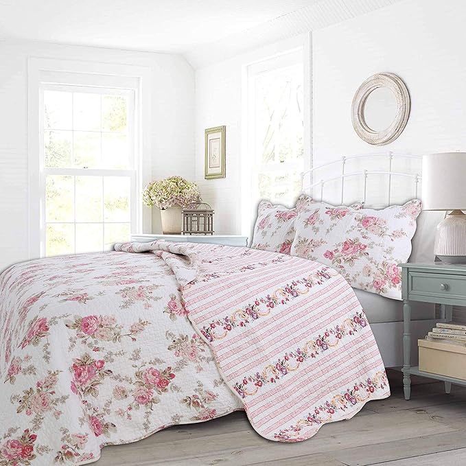 Cozy Line Home Fashions Vintage Floral Reversible 100% Cotton Bedding Quilted Throw Blanket, Reversible & Lightweight, 60" x 50" Inch (Throw, Pink Peony)