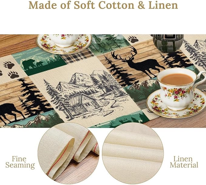 Rustic Cabin Table Runner, Farmhouse Deer Bear Retro Pine Forest Wooden Plank Wild Animal Seasonal Coffee Table Center Decor for Home Kitchen Dining Patio Holiday Party Table Decorations 13x90 inches