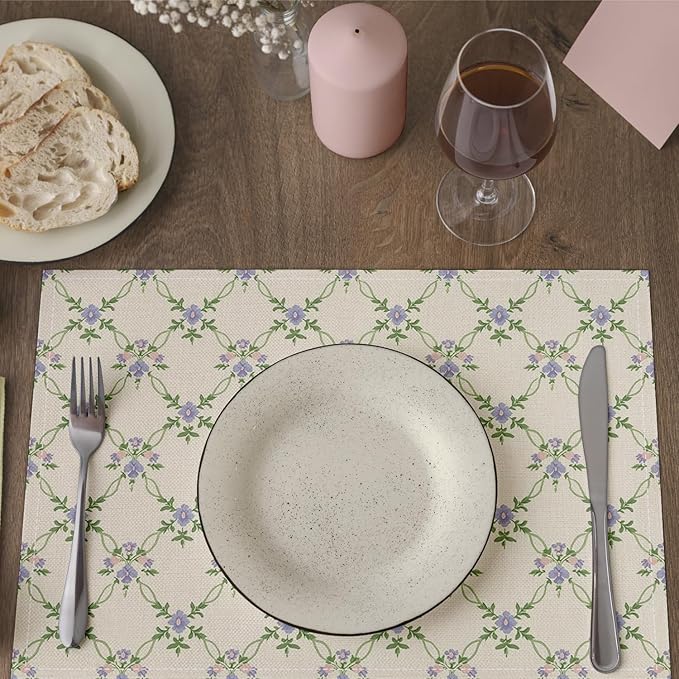 Floral Placemats Set of 4, Greenery Table Mat for Home Kitchen, Restaurants, Outdoor Linen Washable Place Mats 12x18 inch Party Event Dining Decoration-02
