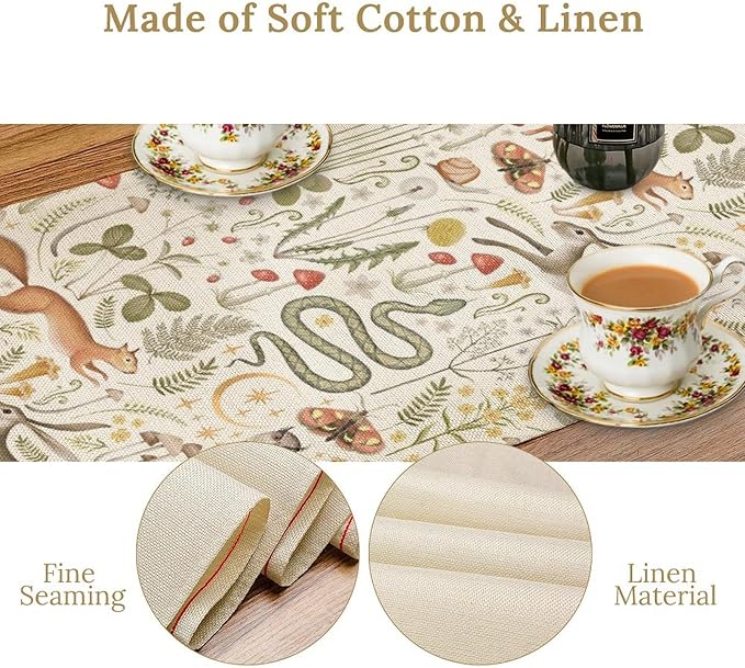 Country Forest Table Runner, Wild Animal Hare Squirrel Owl Snake Snail Flowers Mushroom Print Table Runner for Spring Holiday Farmhouse Kitchen Indoor Outdoor Decoration, 13x90inch