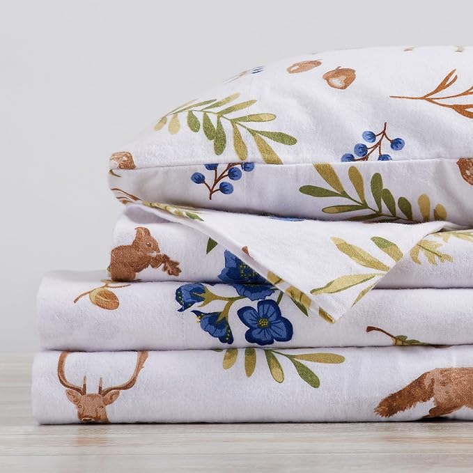 Market & Place 100% Cotton Queen Flannel Sheet Set | 4 Piece Deep Pocket Novelty Cozy Winter Bed Sheets | Double Brushed for Extra Softness & Comfort | Alpine Collection (Queen, Woodland Forest)