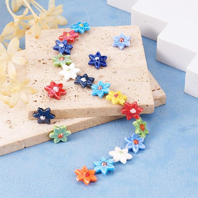 Beadthoven 20pcs Flower Ceramic Beads Mixed Color 3D Flower Shaped Handmade Porcelain Beads Vintage Unique Colorful Floral Loose Craft Spacers for Bracelet Necklace Keychain Jewelry Making DIY