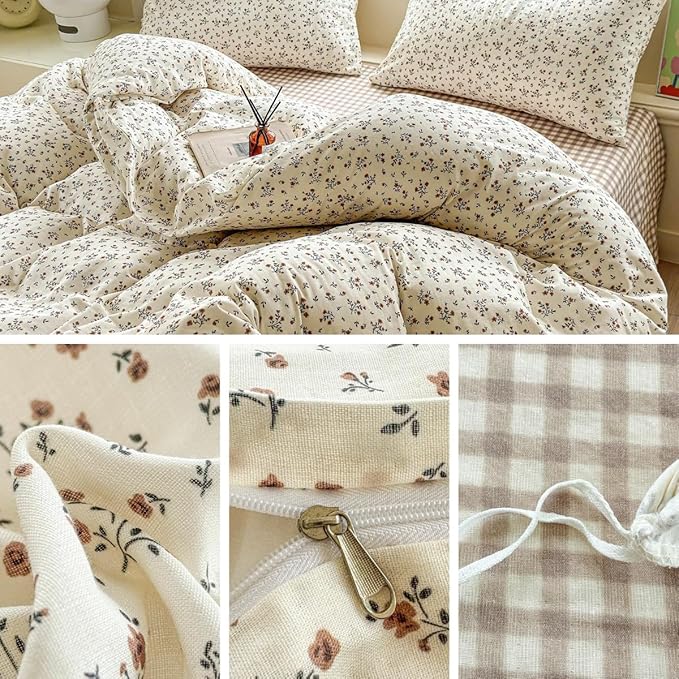 LifeTB 100% Cotton Muslin Duvet Cover Twin Size Vintage Botanical Floral Duvet Cover Ultra Soft Flower Comforter Cover Lightweight Soft Breathable Gauze Bedding Comforter Cover with 2 Pillowcases