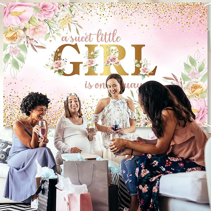 7x5ft Baby Shower Backdrop for Girl, A Sweet Little Girl is on Her Way Pink Floral Background Banner, Gold Glitter Backdrop for Newborn Party, Gender Reveal Celebration Photo Booth Decor