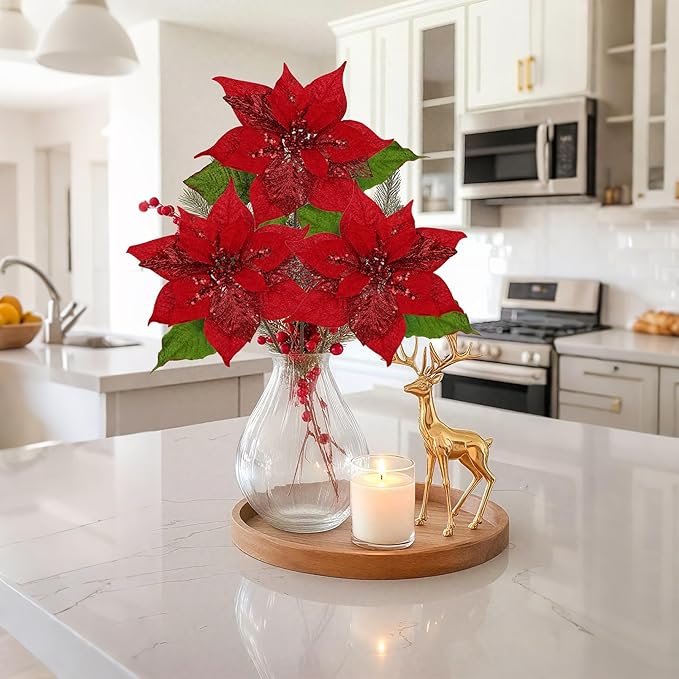 10" Poinsettia Flower Artificial for Christmas Tree Decor, 3 Pcs Faux Glitter Poinsettias Stems for DIY Xmas Wreath & Garland, Christmas Ornaments for Home Party & Holiday Decorations, Dark Red