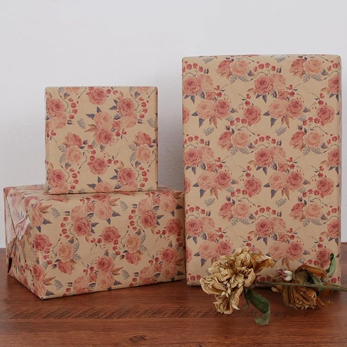 Aimyoo Pink Rose Floral Kraft Wrapping Paper Roll, All Occasion Vintage Flower Gift Wrap for Wedding Birthday Bridal Shower, 17 inch x 10 ft