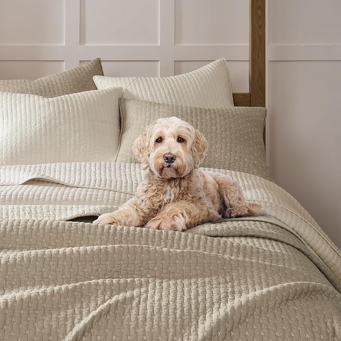 Levtex Home Cross Stitch Reversible King/Cal King Quilt Set (106x92in) and 2 Pillow Shams (36x20in) - Stitch Texture - Taupe - Cotton King Size Quilt Bedding Set - Lightweight Soft Pre-Washed