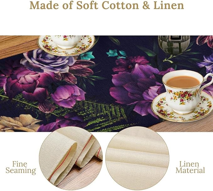 Gothic Flower Table Runner, Watercolor Vintage Dark Purple Floral Romantic Flower Blooming Table Runner for Home Kitchen Dining Table Decor, 13x90inch
