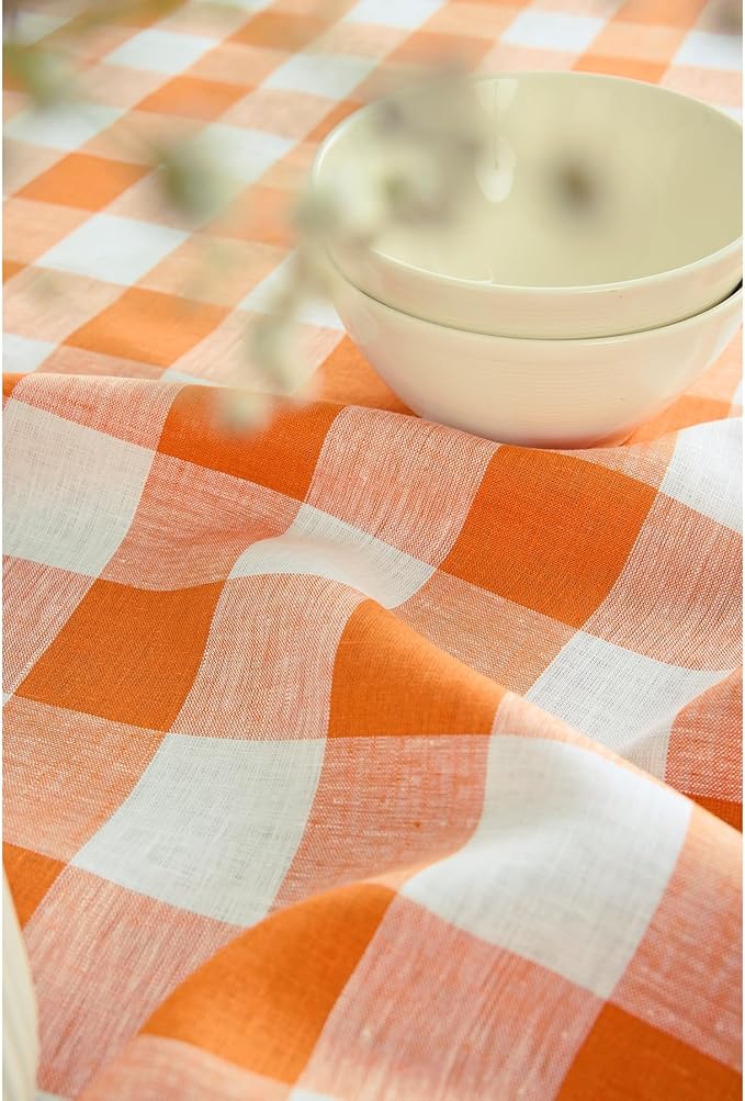 Solino Home Linen Checkered Table Runner 108 Inches Long - 100% Pure Linen Pumpkin and White Buffalo Check Table Runner 14 x 108 Inch Ideal for Dining