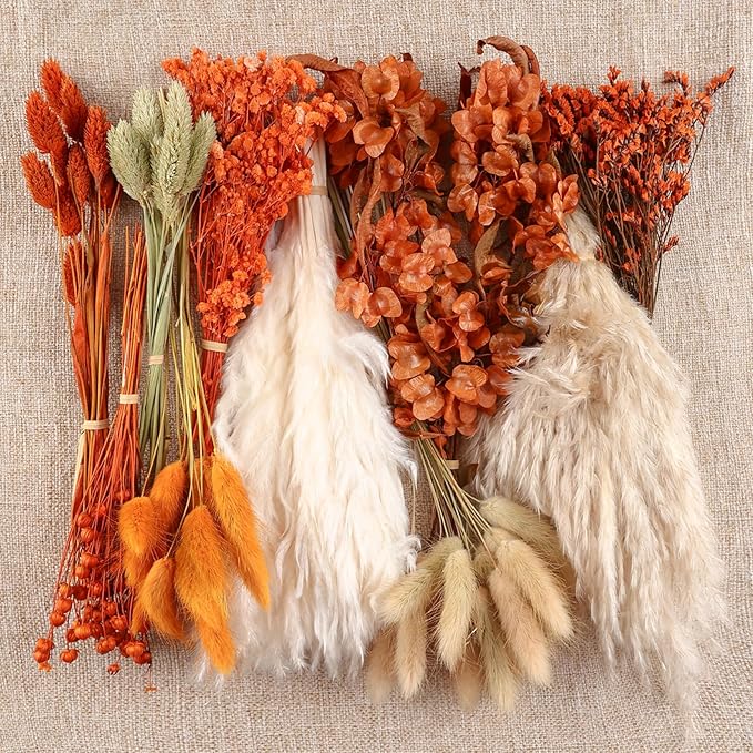 10 Kinds of Dried Flowers for Crafts Burnt Orange Fall Flowers Natural Pampas Grass Bunny Tails Babys Breath Hydrangea with Stems Dry Floral Arrangement for Fall Wedding Autumn Decorations for Home
