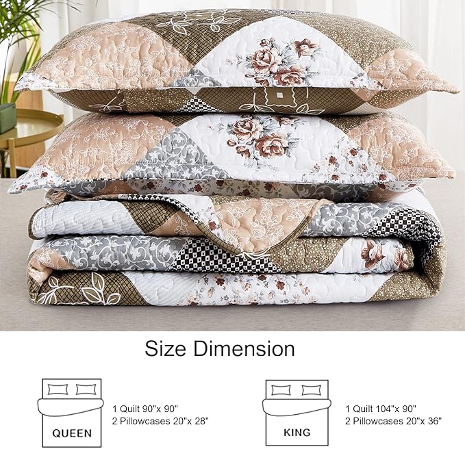 Dinjoy Floral Plaid Patchwork Quilt Set Full Size, Reversible Brown Bedding Set Soft Microfiber Lightweight Bedspread Coverlet 3 Piece Fall Autumn Summer Use (78x90 inches)