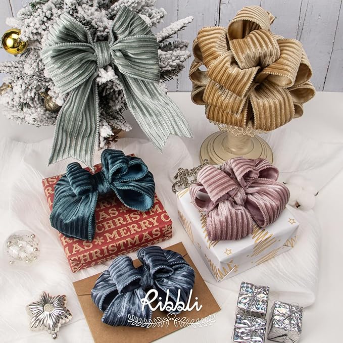 Ribbli Glossy Khaki Velvet Wired Ribbon 2.5 Inch Striped Velvet Christmas Ribbon for Gift Wrapping Christmas Tree Decoration Crafts Wreaths Supplies-Continuous 10 Yards