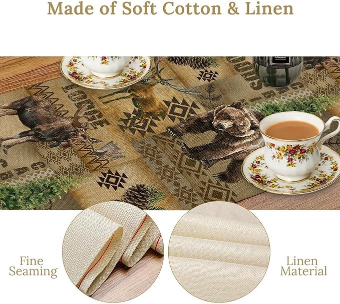 Rustic Cabin Table Runner, Farmhouse Deer Bear Retro Pine Forest Native Aztec Wild Animal Seasonal Coffee Table Center Decor for Home Kitchen Dining Patio Holiday Party Table Decorations 13x72 inches